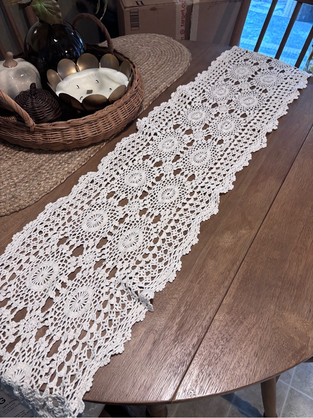 Vintage Handmade White Crochet Table Runner - Elegant Lace Dining Accent